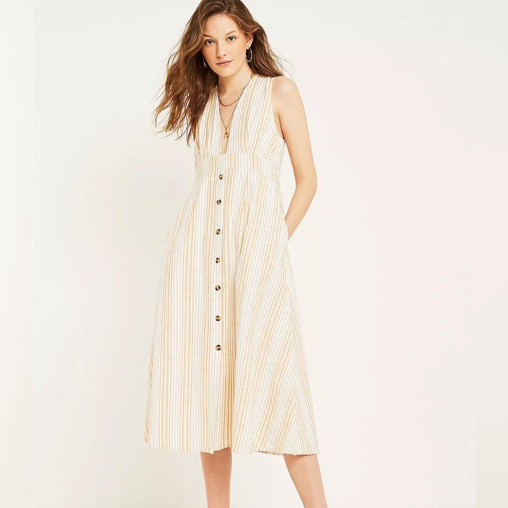 UO Millie Stripe Plunging Linen Button-Through Midi Dress
